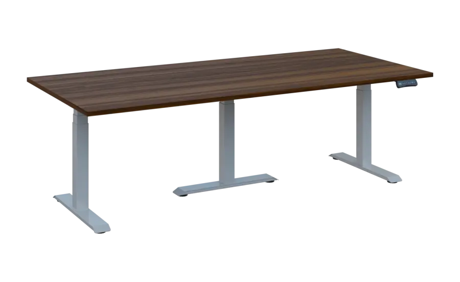 FLEXIMEET 220-100 výškově nastavitelný stůl, kovová podnož stříbrná, deska 25 mm, široký 2200 mm, ořech královský